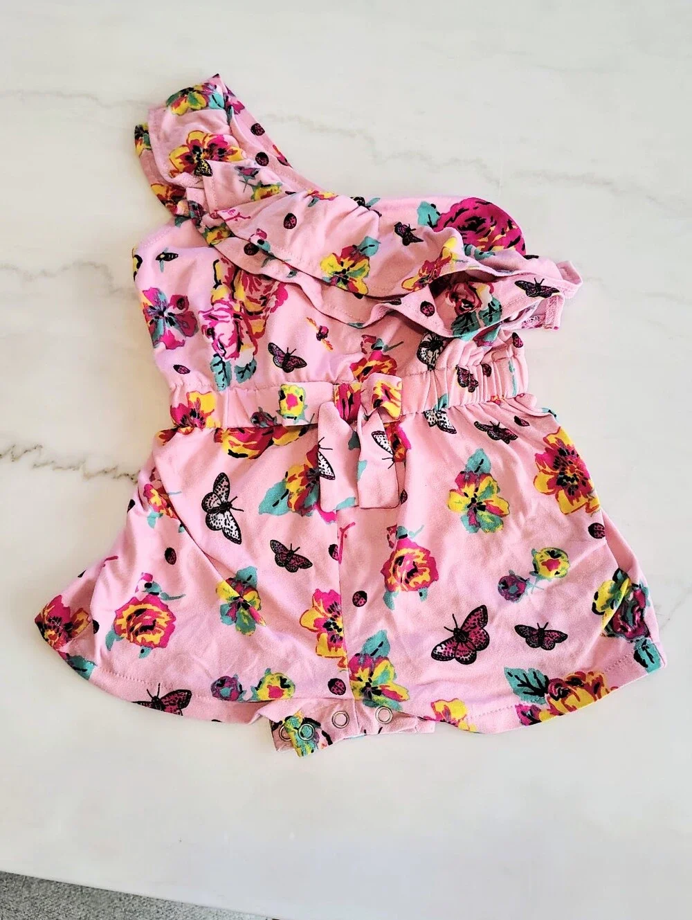 Betsy Johnson Pink Butterfly Floral One Shoulder Romper Size 24 Months Infant